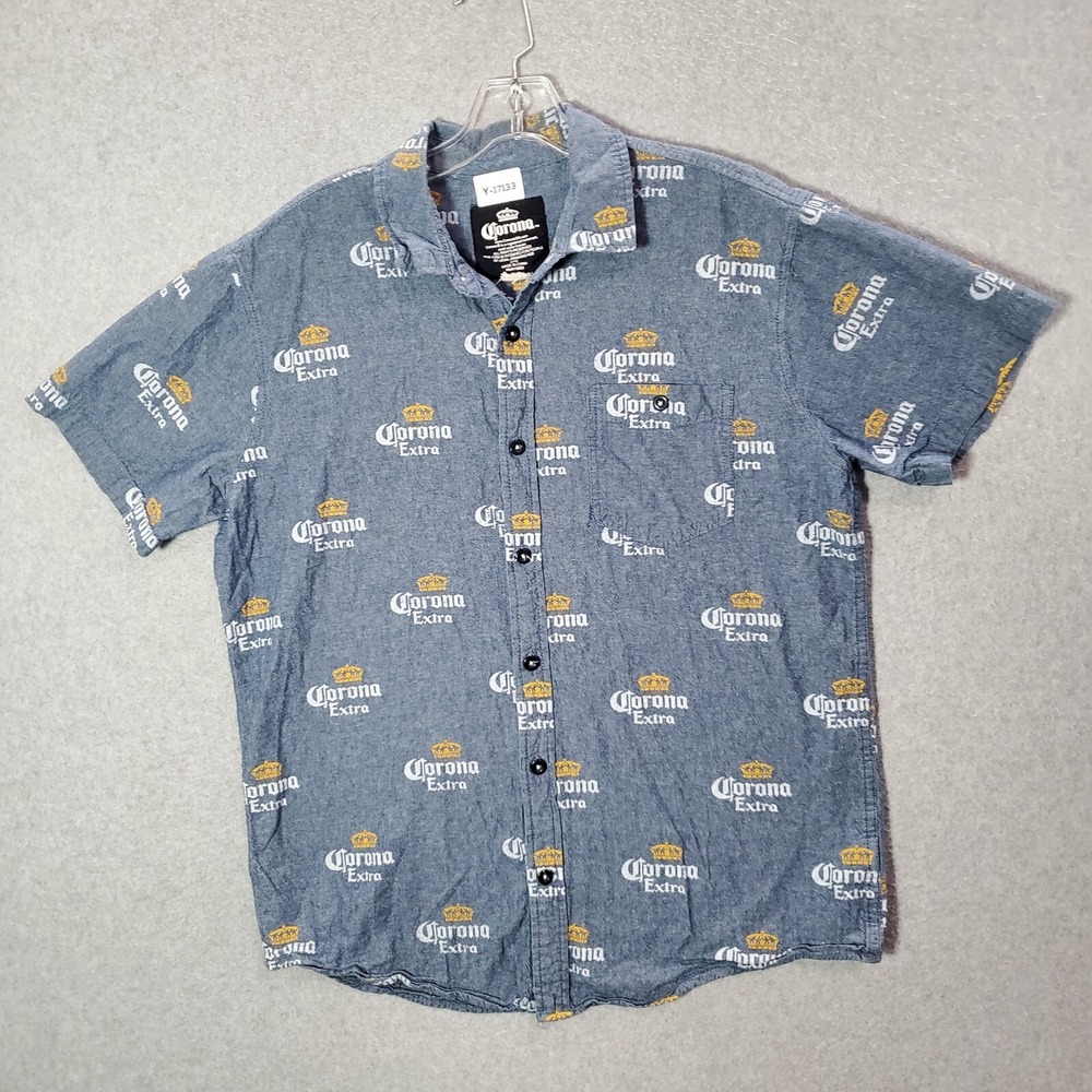 Corona Extra Men Button Up‎ Shirt Large Blue Logo Allover Print Short Sleeve